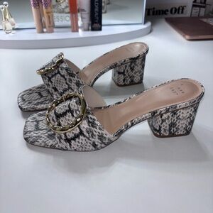 Snakeskin Block Heel Mules with Gold Accent